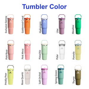 K&ouml;nnte beinhalten: Eine Auswahl an isolierten Bechern in verschiedenen Farben, darunter Exclusive Sienna, Goldenrod Coral, Hydrangea, Lilac, Meadow, Pink Rose, Pink Mesa, Pistachio, Polar, Pomelo, Prickly Pear, Rose Quartz, Soft Orchid, Spring Green und Thyme. Der Text "Tumbler Color" steht oben.