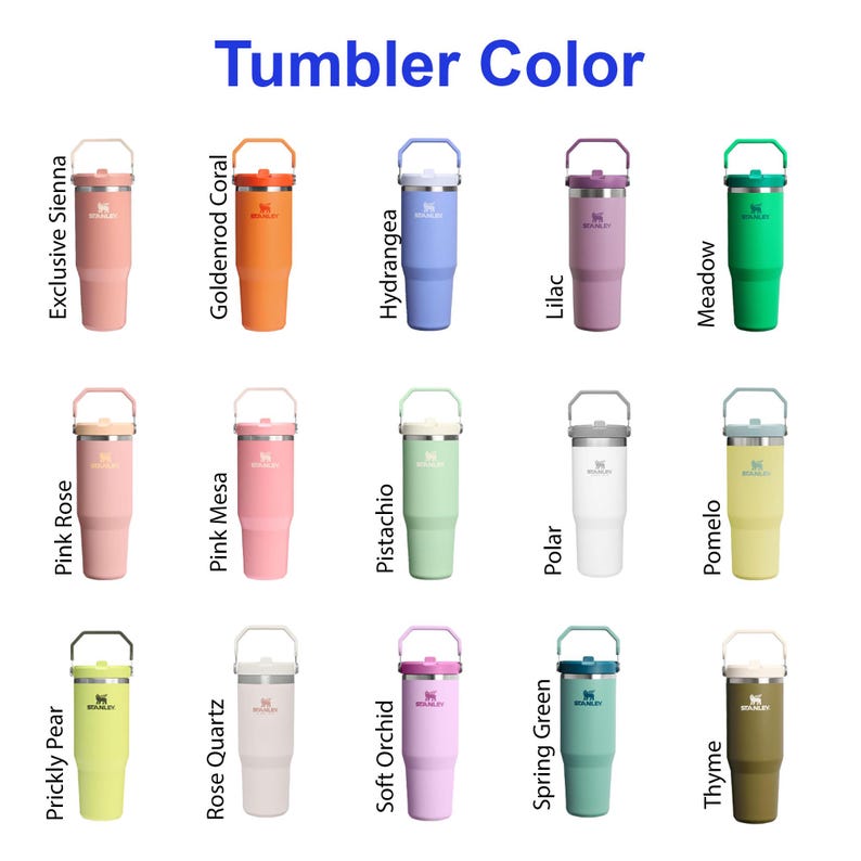 K&ouml;nnte beinhalten: Eine Auswahl an isolierten Bechern in verschiedenen Farben, darunter Exclusive Sienna, Goldenrod Coral, Hydrangea, Lilac, Meadow, Pink Rose, Pink Mesa, Pistachio, Polar, Pomelo, Prickly Pear, Rose Quartz, Soft Orchid, Spring Green und Thyme. Der Text "Tumbler Color" steht oben.