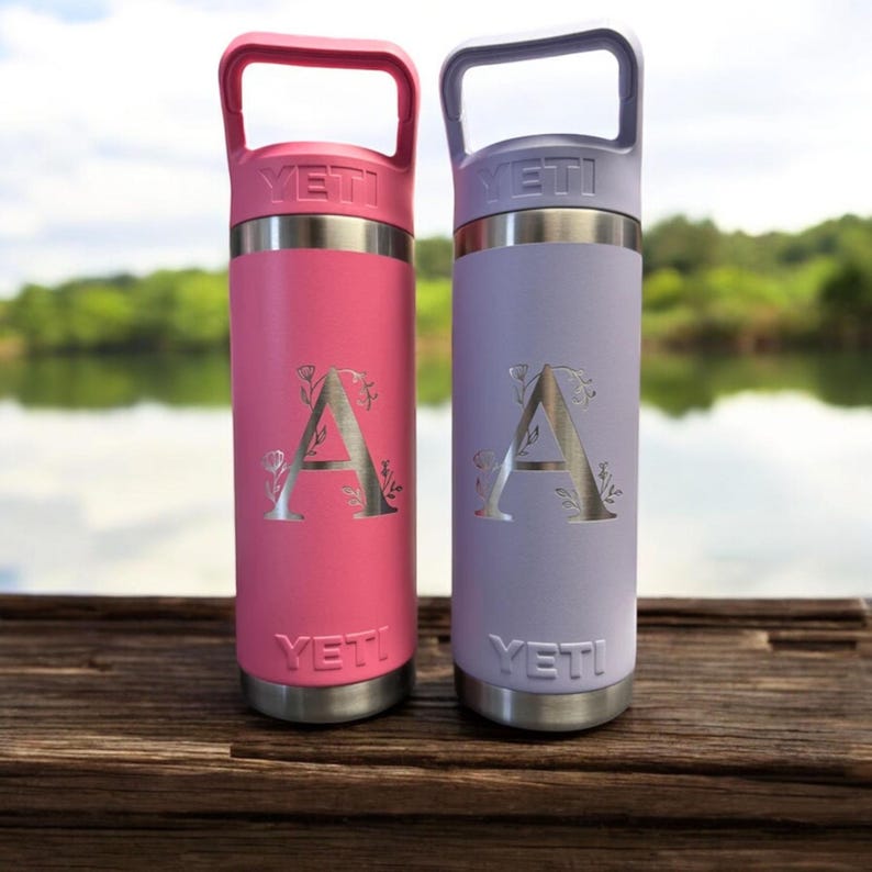 Personalized Yeti Tropical Pink Rambler 2.0 Water Bottle, Laser Engraved Stainless Steel Insulated Bottle with Color-Matching Straw Cap