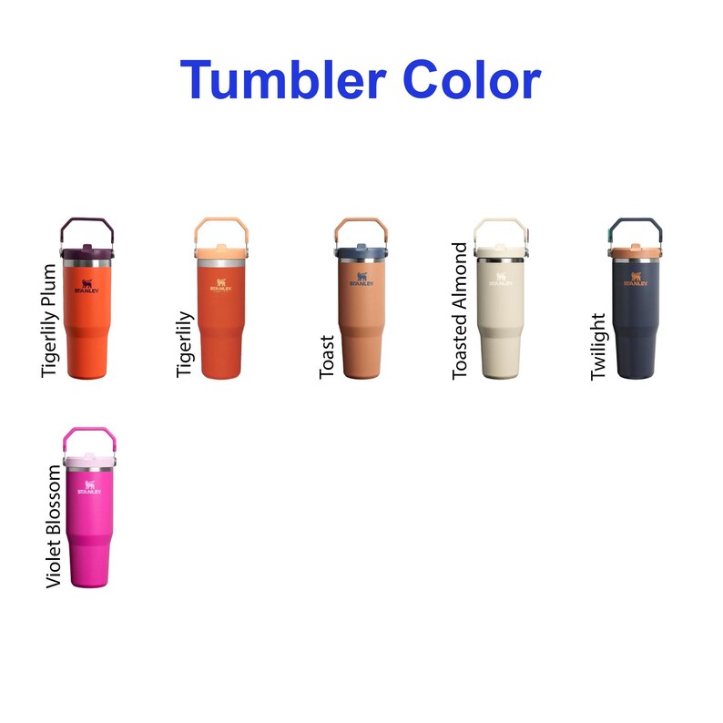 K&ouml;nnte beinhalten: Eine Auswahl an isolierten Bechern in verschiedenen Farben, darunter Tigerlily Plum, Tigerlily, Toast, Toasted Almond, Twilight und Violet Blossom. Jeder Becher hat einen Griff und einen Deckel. Der Text "Tumbler Color" ist oben abgebildet.