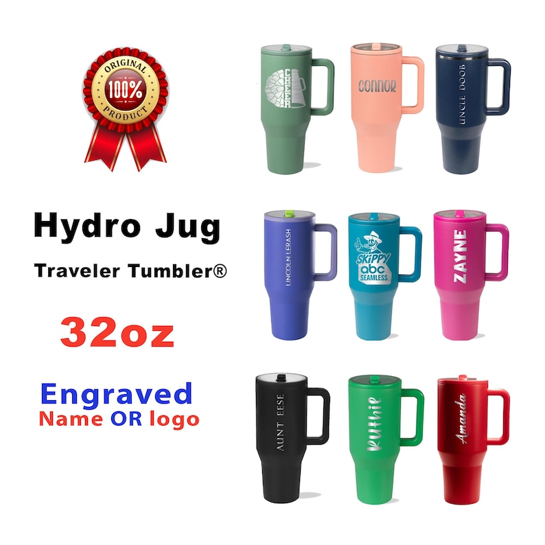 Personalized 32oz HydroJug Traveler Tumbler with Flip Straw & Handle, Laser Engraved Stainless Steel Leak-Proof, Fits in Cup Holder