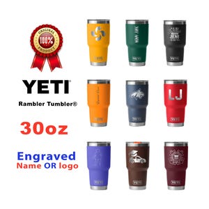 Vaso Yeti Rambler de 30 oz grabado con láser, personalizado, de acero inoxidable, con aislamiento al vacío y tapa MagSlider, con nombre y logotipo Yeti.