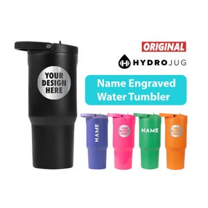 May include: A black water tumbler with a lid and a circular silver label reading YOUR DESIGN HERE. Beside it are four smaller tumblers in purple, pink, green, and orange, featuring the text NAME or YOUR DESIGN HERE. The text ORIGINAL HYDROJUG appears above.
