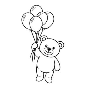 Puede incluir: Una ilustración de arte lineal en blanco y negro de un oso de peluche sosteniendo un grupo de cinco globos redondos. El oso tiene orejas redondeadas, un hocico pequeño y una expresión sonriente simple. Los globos están unidos a la mano.