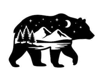 May include: A black silhouette of a bear featuring a white negative space cutout design. The interior of the bear displays a landscape with three pine trees, a mountain range, a calm body of water, a crescent moon, and several small stars.