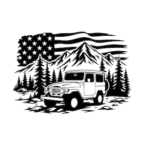 May include: A black and white graphic illustration featuring an off-road vehicle parked in front of a mountain range and a forest of pine trees. A stylized American flag with stars and stripes waves in the background above the mountain peaks.