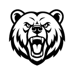 以下が含まれることがあります： 正面を向いたクマの頭部の白黒グラフィックイラスト。クマは口を大きく開け、鋭い歯と舌を見せた獰猛な表情をしている。デザインは太い線と高いコントラストが特徴で、力強い印象を与えるグラフィックアートとなっている。