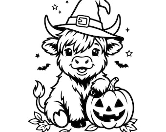 Cute Highland Cow Svg, Cute Halloween Svg, Pumpkin Svg, Witch Hat Svg, Highland Halloween Svg, Fall Svg, Buffalo Plaid Svg, Autumn Svg