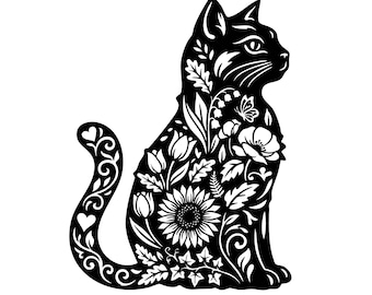 Blumen Katze Silhouette mit Blumenmuster SVG, PNG, Katzenliebhaber, Botanisch, Wohnkultur, Boho Haustier, süßes Kitty Dekor Schnittdatei