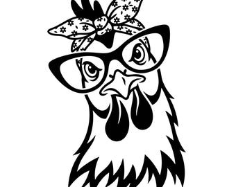 May include: A black and white graphic illustration of a chicken head wearing large, thick-rimmed glasses and a bandana tied on top of its head. The bandana features a small floral pattern, and the chicken has a prominent beak and wattles.