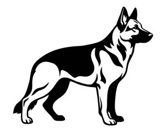 Pode incluir: Uma ilustração gráfica em preto e branco de alto contraste de um cão pastor alemão em pé de perfil. O design apresenta formas pretas sólidas e arrojadas sobre um fundo branco, capturando a postura alerta e as orelhas pontiagudas.