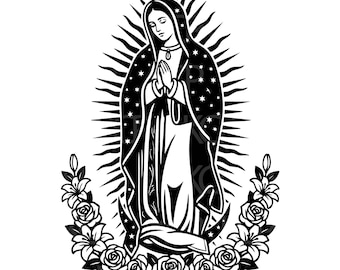 May include: A black and white graphic illustration of the Virgin of Guadalupe, depicted with hands clasped in prayer, wearing a star-patterned mantle, surrounded by a radiant sunburst halo and a crescent base adorned with blooming roses.