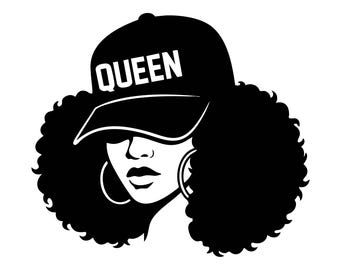 Afro Frau in Baseballmütze Silhouette Porträt SVG, PNG, schwarze Mädchen Magie, lockiges Haar, Creolen, Streetwear Clipart Schnittdatei
