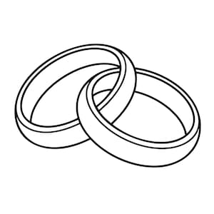 May include: A black and white line art illustration of two interlocking rings. The rings are depicted with a simple, clean outline style, showing a smooth, rounded band design that overlaps, creating a singular connected graphic element.