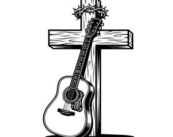May include: A black and white graphic illustration featuring an acoustic guitar leaning against a wooden cross. A crown of thorns is positioned at the top of the cross. The design uses high-contrast lines to depict the wood grain and guitar details.