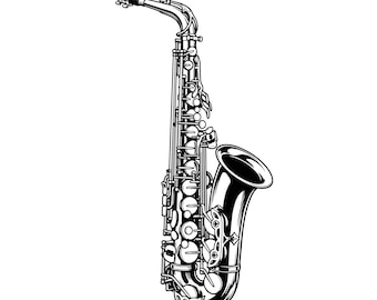 May include: A black and white graphic illustration of a saxophone. The musical instrument features a detailed neck, a mouthpiece, a series of circular keys, rods, and a wide bell. The design uses high-contrast shading to define the metallic structure.