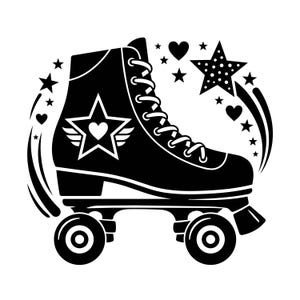 May include: A black and white graphic illustration of a roller skate featuring a star with a heart center and wings on the side. The design is surrounded by various small stars, hearts, and curved motion lines, creating a dynamic visual effect.