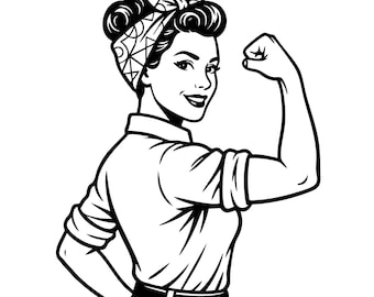 Pode incluir: Uma ilustração gráfica a preto e branco de uma pessoa com um penteado retro e um lenço estampado, vestindo uma camisa de colarinho com mangas arregaçadas, fletindo um braço para mostrar o bíceps numa pose clássica e confiante.