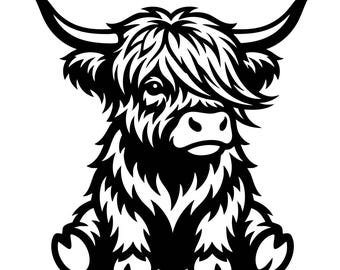 Pode incluir: Uma ilustração gráfica a preto e branco de uma vaca Highland com pelo longo e desgrenhado, chifres curvos proeminentes e uma franja que cobre os olhos. O animal é representado numa posição sentada, desenhado com linhas pretas sólidas.