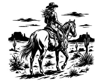 Cowgirl Rider SVG PNG, Western Svg, Horse Png, Desert Ride Cut File, Clipart, Digital File, Svg File, Silhouette, Instant Download