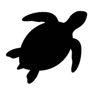 May include: A solid black silhouette of a sea turtle shown from a top-down perspective. The graphic features the distinct oval-shaped shell, a head extended forward, and four flippers positioned in a swimming motion against a plain white background.