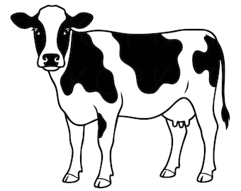 Pode incluir: Uma ilustração gráfica a preto e branco de uma vaca de pé de perfil, virada para a frente. O design apresenta linhas arrojadas e limpas que delineiam o corpo do animal, com manchas pretas distintas distribuídas pela sua pelagem branca.
