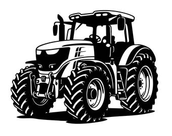 Pode incluir: Uma ilustração gráfica a preto e branco de um trator agrícola. O design apresenta uma vista detalhada do veículo com pneus grandes com rasto, uma cabine com janelas, uma grelha frontal e uma chaminé, num estilo de alto contraste.