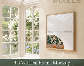 May include: A 4:5 vertical wooden picture frame mockup featuring a light wood finish. The frame displays the text YOUR IMAGE HERE above an illustration of a person in orange shoes walking through a garden. The brand name KINETICOREPIXELS PIXELS is visible in the top right corner of the image.
