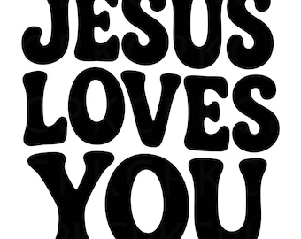 Pode incluir: Um design gráfico apresentando o texto JESUS LOVES YOU em uma fonte preta, em negrito, arredondada e ondulada. As letras são grossas e dispostas em três linhas empilhadas sobre um fundo branco liso, criando um visual claro e contrastado.