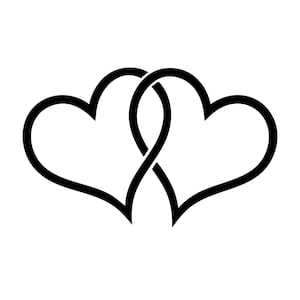 May include: A black and white graphic illustration featuring two interlocking heart shapes. The design consists of bold, clean black outlines forming the two hearts that are connected at the centre, creating a continuous, symmetrical loop pattern.