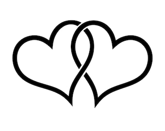 Pode incluir: Uma ilustração gráfica a preto e branco com duas formas de coração entrelaçadas. O design consiste em contornos pretos arrojados e limpos que formam os dois corações ligados no centro, criando um padrão de laço contínuo e simétrico.