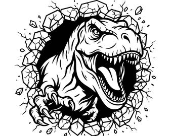 Brüllender T-Rex durchbrechen Wand SVG: Dinosaurier, Jurassic, T-Rex Clipart, Kinder Kunst, Schnittdateien, SVG, PNG, Sofort Download