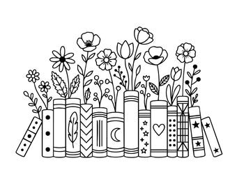 Blumen Bücher SVG, PNG: Buchliebhaber, Leseleben, Botanische Kunst, Blumenbibliothek, T-Shirt-Design, Schnittdatei, Sofort-Download