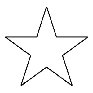 Könnte beinhalten: Ein einfacher fünfzackiger Stern, dargestellt als klare, kräftige schwarze Umrisslinie auf einem schlichten weißen Hintergrund. Das Design zeichnet sich durch spitze, symmetrische Zacken und eine gleichmäßige Linienstärke aus, was ein klares Symbol ergibt.