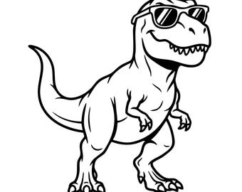 Pode incluir: Uma ilustração de arte linear em preto e branco de um dinossauro Tyrannosaurus Rex em pé de perfil. O dinossauro usa óculos de sol com armação escura e tem um sorriso largo e dentuço. O design apresenta contornos ousados e limpos.