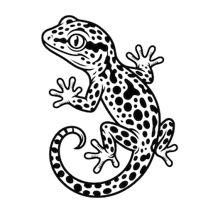 Könnte beinhalten: Eine schwarz-weiße grafische Illustration eines Leopardgeckos. Die Eidechse ist im Seitenprofil mit einem geschwungenen Schwanz dargestellt, mit markanten dunklen Flecken auf dem Körper und vier Füßen mit sichtbaren Zehen auf einem schlichten Hintergrund.
