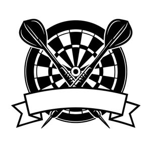 Dartbordlogo SVG: dartbord en gekruiste darts met aangepaste banner, dartmonogram, gesneden bestanden, SVG, png, direct downloaden
