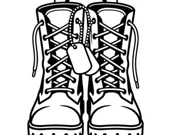 May include: A black and white graphic illustration of a pair of high-top combat boots with thick laces and a rugged tread pattern. A set of two metal dog tags on a beaded chain hangs from the laces between the two boots, centered in the design.