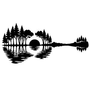 Guitar Sunset SVG, PNG, Acoustic Music Landscape Design, Musician Gift, Forest Lake Reflection, Band Shirt, Tree Line, Nature Lover Wall Art
