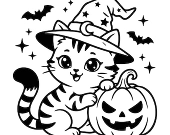 Cute Witch Cat Svg, Halloween Cat Svg, Pumpkin Cat Svg, Halloween Svg, Cute Cat Svg, Witch Hat Svg, Bat Svg, Cut File