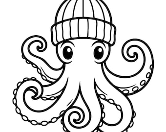 Pode incluir: Uma ilustração de arte linear em preto e branco de um polvo usando um gorro canelado. O polvo tem olhos grandes e redondos e oito tentáculos enrolados com ventosas visíveis na parte inferior de cada membro, num estilo limpo e definido.