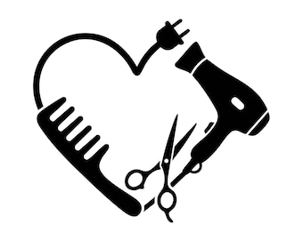 May include: A black graphic illustration of a heart shape formed by hair styling tools. The outline consists of a hair comb, a pair of scissors, and a hair dryer with an electrical cord and plug, all arranged to create a heart silhouette.