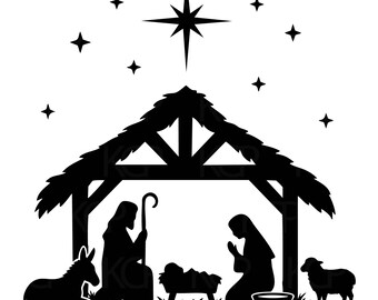 May include: A black silhouette graphic of a nativity scene featuring a stable, a star, and figures. The design includes a central manger with a baby, two kneeling figures, a donkey, and a sheep under a large star surrounded by smaller stars.