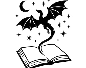 May include: A black silhouette graphic featuring an open book with a dragon emerging from the pages. The dragon is depicted with wings spread wide, surrounded by a crescent moon and multiple four-pointed stars against a plain white background.