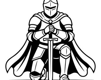 Pode incluir: Uma ilustração de arte linear em preto e branco de um cavaleiro com armadura completa ajoelhado sobre um joelho. O cavaleiro usa um capacete e uma capa fluida enquanto segura uma espada longa na vertical com ambas as mãos, ponta no chão.
