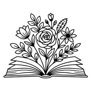 Puede incluir: Una ilustración de arte lineal en blanco y negro de un libro abierto con un ramo de varias flores y hojas que emergen del centro. El dibujo presenta una rosa central, flores más pequeñas y varios tallos con hojas hacia arriba.