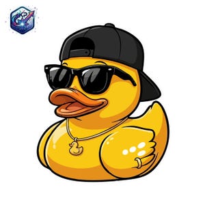 May include: A cartoon illustration of a yellow rubber duck wearing a black baseball cap, sunglasses, and a gold chain with a duck pendant. The duck is giving a cool hand gesture.