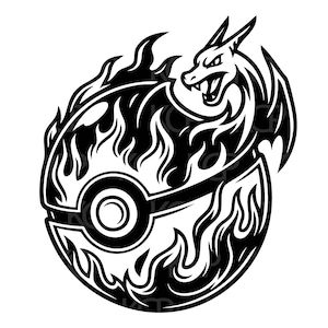 May include: A black and white graphic illustration featuring a spherical device with a central circular button, engulfed in stylized flames, with a dragon-like creature emerging from the top, all rendered in high-contrast bold lines.