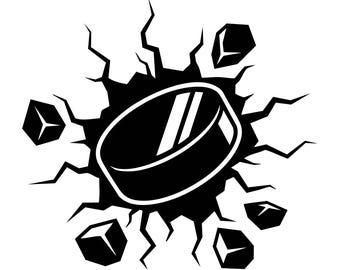 May include: A black and white graphic illustration of a hockey puck impacting a surface, causing it to crack and shatter into several angular fragments. The puck is positioned centrally, surrounded by jagged lines and floating debris pieces.