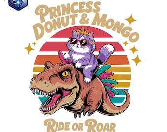 Pode incluir: Ilustração de desenho animado com um gato roxo usando óculos de sol e uma coroa, montado em um dinossauro marrom. A imagem inclui o texto "Princess Donut & Mongo" e "Ride or Roar" em um fundo de pôr do sol listrado.